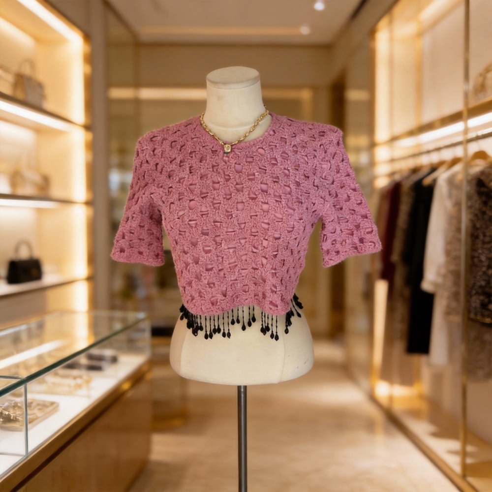 Ganni Pink Knit Crop Top with Black Beaded Hem